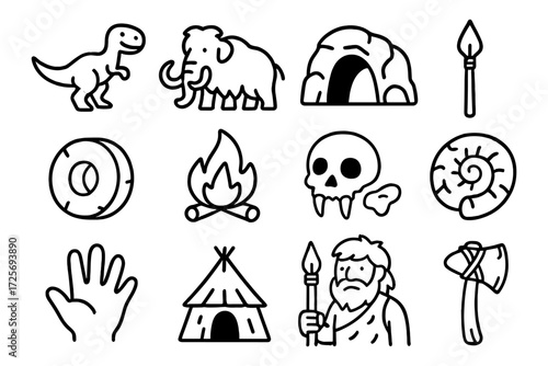 Primitive icons set featuring prehistoric symbols and tools in black outline style