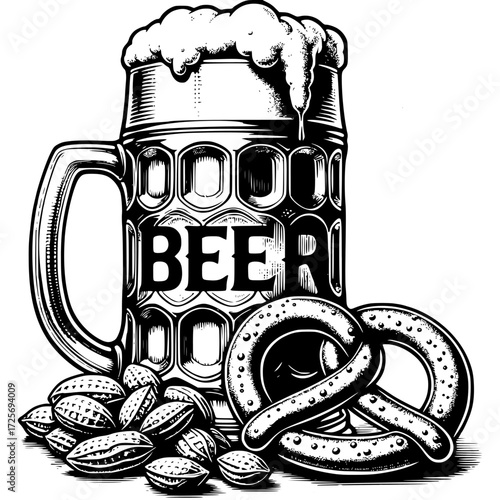 Artisan Beer and Snacks: A detailed illustration showcases a hearty beer mug brimming with frothy beer and foam, served alongside a delightful pretzel and nuts, symbolizing the perfect pub experience.