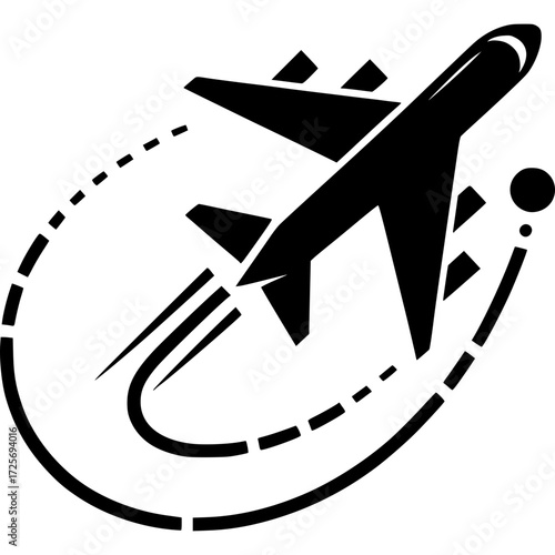 Soaring Icon: A sleek, black silhouette of an airplane traces an elegant arc, its trajectory hinting at destinations and dreams. Representing adventure, travel, and the vast expanse of the sky.