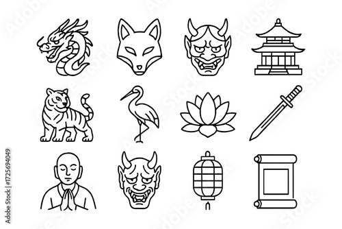 Traditional japanese icon set featuring dragons, samurai masks, temples, and more in a linear style