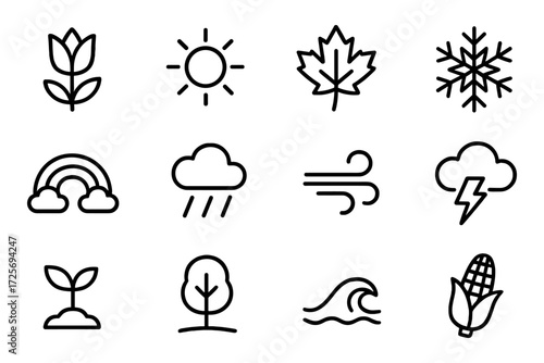 Minimalist weather and nature icons set in linear style featuring seasonal symbols