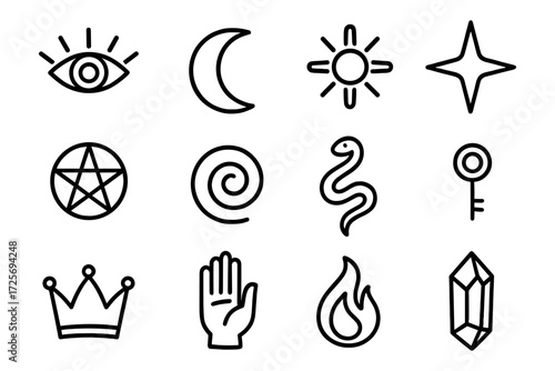 Mystical line art symbols collection: sun, moon, crystal, and more