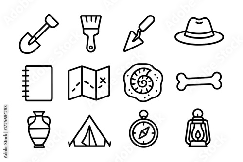 Adventure and archaeology icons in simple linear style