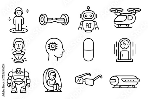 Futuristic technology line icons featuring ai, robotics, and innovations