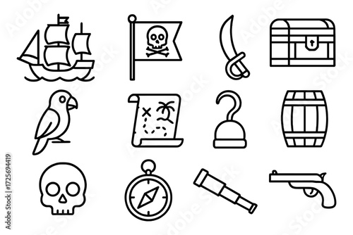 Pirate icons collection: ships, maps, treasure, and more in linear style