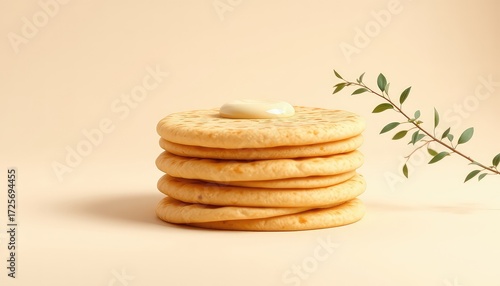 Wallpaper Mural Stack of tasty looking golden brown pancakes with creamy topping and small leafy branch for added visual interest Torontodigital.ca