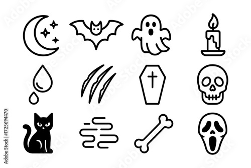 Spooky halloween icons: ghosts, cats, and skulls in minimalist line art