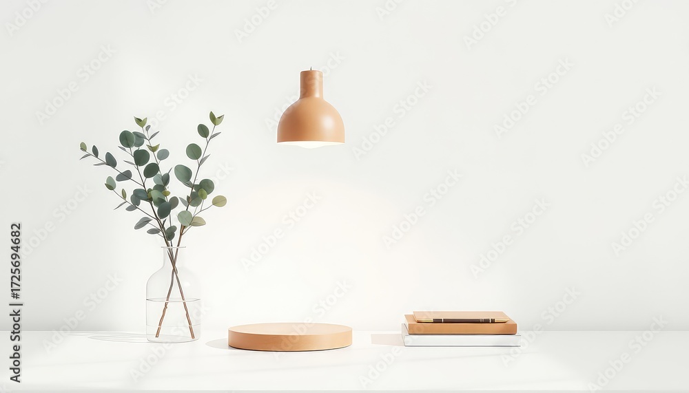 custom made wallpaper toronto digitalMinimalist studio setup features natural wood tones, decorative plant, books, and simple lighting on a clean white surface
