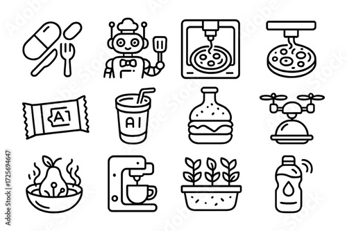 Futuristic food icons: ai cooking, robotics, 3d printing, smart solutions