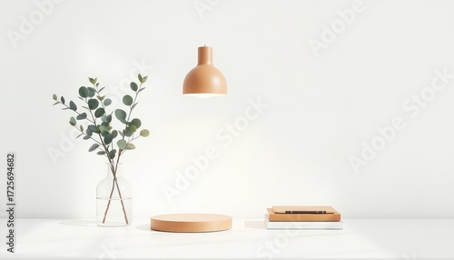 Wallpaper Mural Minimalist studio setup features natural wood tones, decorative plant, books, and simple lighting on a clean white surface Torontodigital.ca