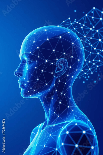 Futuristic blue digital human head with connected dots, representing AI, machine learning, and the future of technology and human-computer interaction