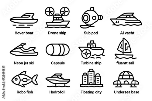 Futuristic transportation icons set with hover boat, ai yacht, and drone ship
