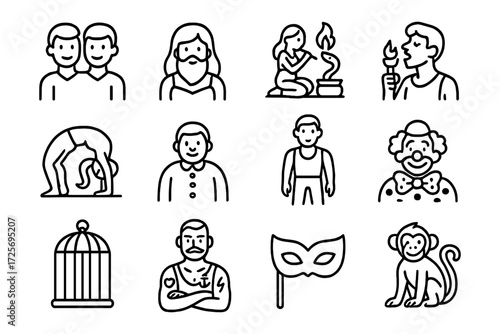 Minimalist linear circus icons featuring performers, clowns, and animals