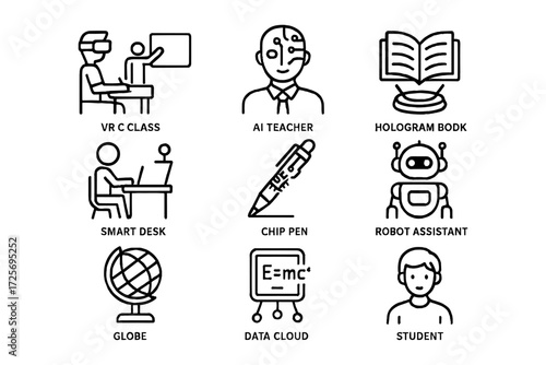 Futuristic education: ai teacher, vr classroom, hologram books in linear design