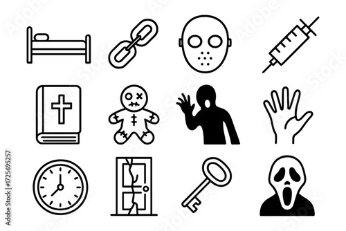 Spooky black and white icons for halloween: ghost, mask, voodoo, and more
