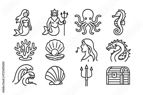 Linear sea life and mythical creatures icons set: mermaids, octopus, seahorse, and more