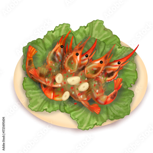 Grilled shrimp with spicy dipping sauce, delicious seafood vector illustration