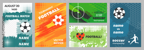 Grunge halftone soccer banners. Football tournament poster with dynamic textures of mixed halftone dots and paint brush strokes effects. Sport events templates vector set