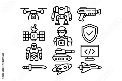Futuristic military technology icons: drones, robots, and defense in linear style