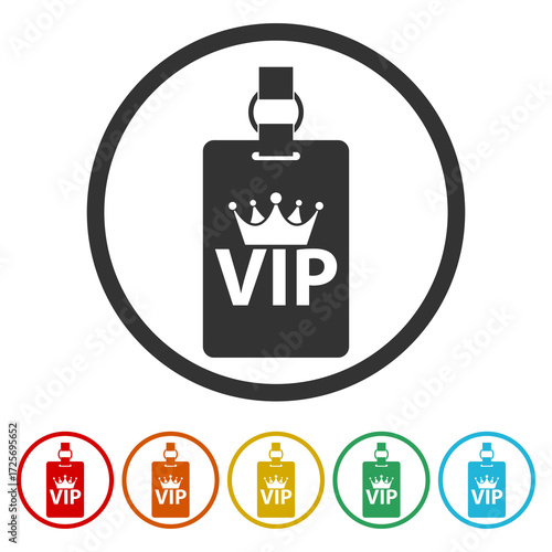 VIP premium pass card icon. Set icons in color circle buttons