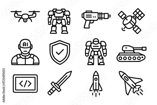 Futuristic technology icons set featuring robots, spacecraft, and weapons in linear style