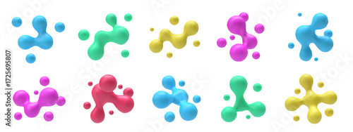 Liquid 3D metaball shapes. Glossy fluid blobs, colorful organic bubble forms and dynamic connected spheres. Abstract metaballs, molecular structures and futuristic abstract droplet vector elements