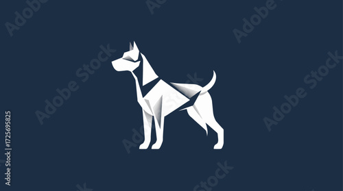 A stylized white origami dog stands against a dark blue background, showcasing geometric shapes.
