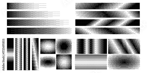 Pixel dither gradients. Digital halftone gradient fade strips, pixelated shading backgrounds with retro dithering dots patterns, abstract glitch style vector set