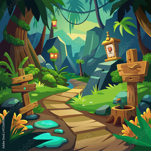 Cartoon jungle adventure path with wooden signs vector illustration scalable eps icon
