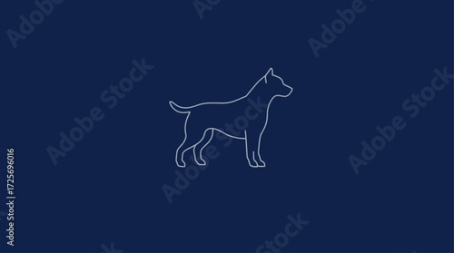 A minimalist line drawing of a dog, standing alert against a dark blue background.