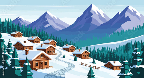 Winter landscape illustration of snowy mountain village with chalets and pine trees for christmas card