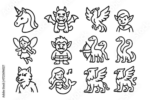 Set of cartoon mythical creatures: unicorn, dragon, mermaid, and more in line art