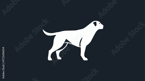 A white silhouette of a dog stands proudly against a dark background.