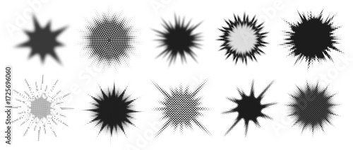 Halftone starburst shapes. Retro comic explosion with half tone effect, dotwork sunburst rays and dotted blurry flash background elements. Shiny rays and burst splash vector set
