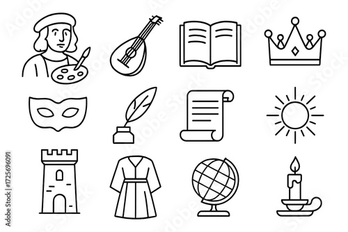 Outline icons of renaissance art, culture, and inventions