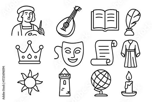 Medieval linear icons set: art, music, literature, and royalty symbols