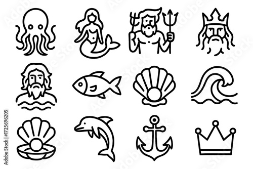 Nautical line art icons featuring sea creatures and mythology elements