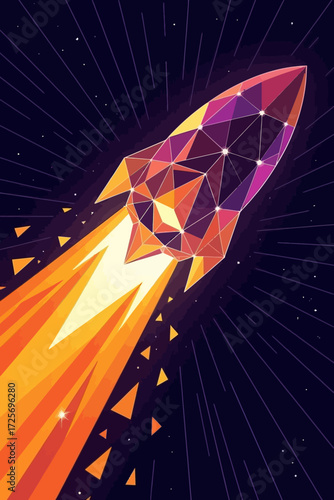 Bold modern rocket launching into the future, a vibrant geometric design symbolizing innovation, progress, and the excitement of new beginnings