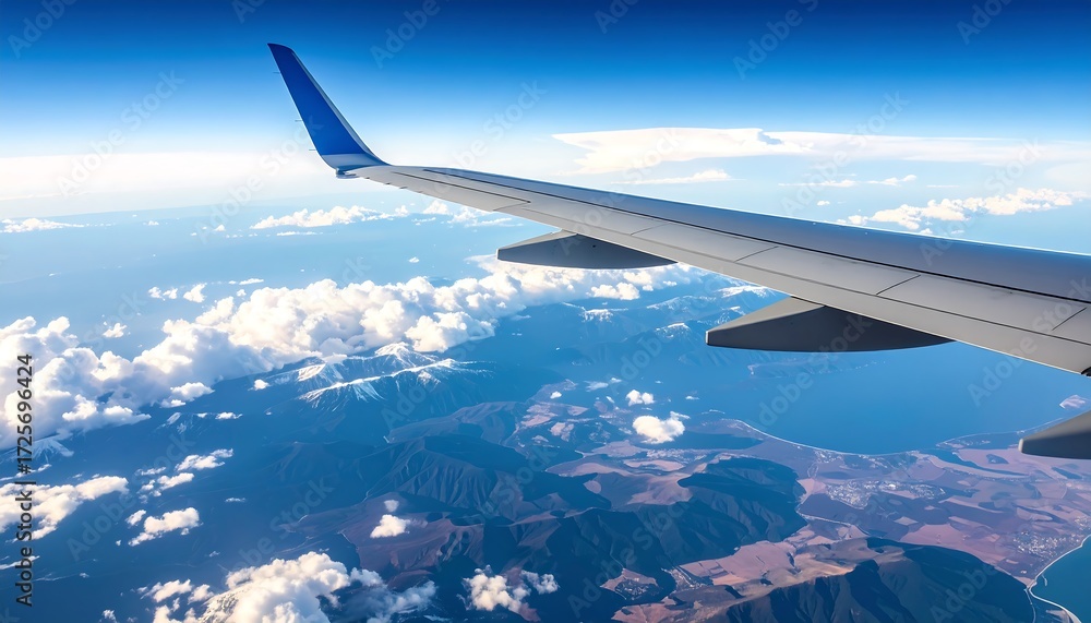 Obraz premium Airplane wing over a mountainous landscape