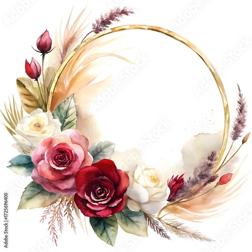 Watercolor floral wreath with roses and pampas grass. Boho chic golden frame for wedding design. Elegant round border with red and white flowers for invitations and cards.