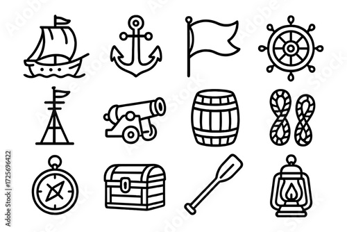 Nautical icon set featuring sailboat, anchor, cannon, barrel, and compass in black linear style