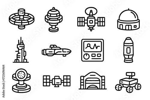 Space exploration icons in bold linear style: satellites, rockets, space station, mars rover