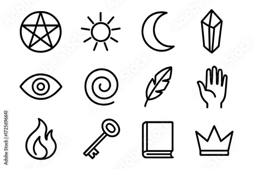 Mystic line art icons: sun, moon, pentacle, crystal, and more