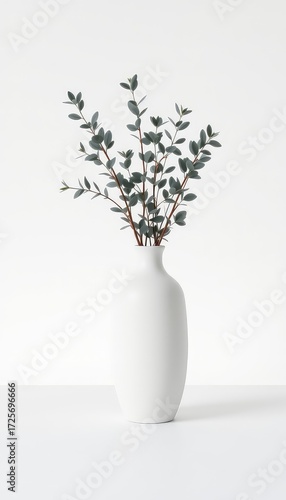 Sprigs with small, grey-green leaves in a tall, white vase on a white surface against a white background
