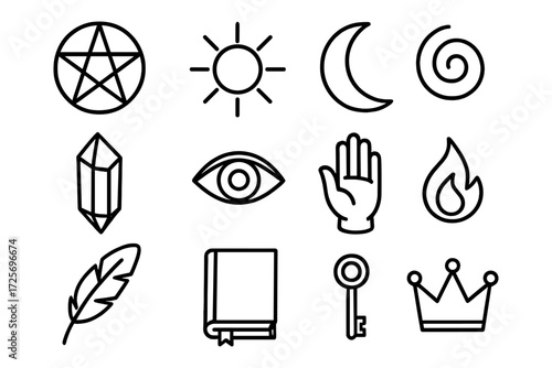 Mystic line art symbols collection featuring sun, moon, and geometric icons