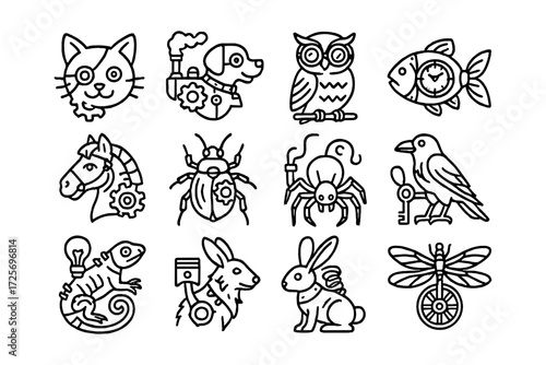 Steampunk animal icons: unique mechanical creatures in linear style