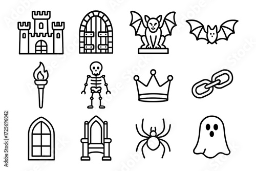 Spooky halloween icons: castle, skeleton, spider, ghost, crown, chain in outline style