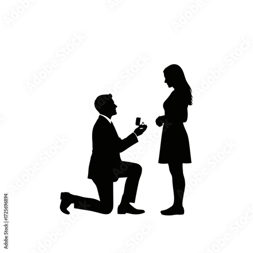 Silhouette of a man proposing to a woman isolated on white background romantic moment of couple