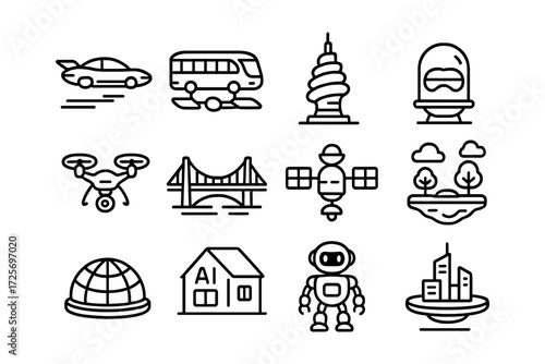 Futuristic technology and transportation icons in linear style