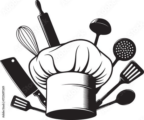 Chef's Hat Surrounded by Kitchen Utensils cooking